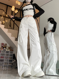 RM22492#美式白色直筒工装裤高腰口袋宽松休闲拖地长裤子ins潮