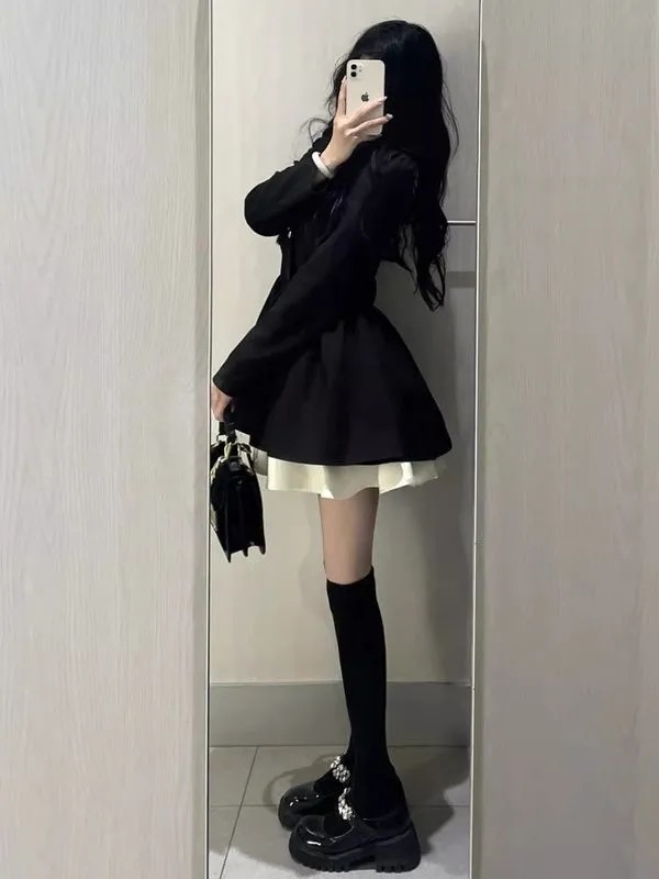 Original fabric + lining black long-sleeved suit dress autumn high-end French princess tutu skirt