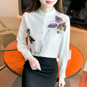 RM23621#惊艳~高级有品位~立领包扣定位印花重磅真丝衬衫女桑蚕丝衬衣上衣