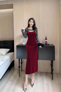 RM22721#韩版修身显瘦拼接长袖连衣裙女秋季设计感镂空亮片拼接别致裙子