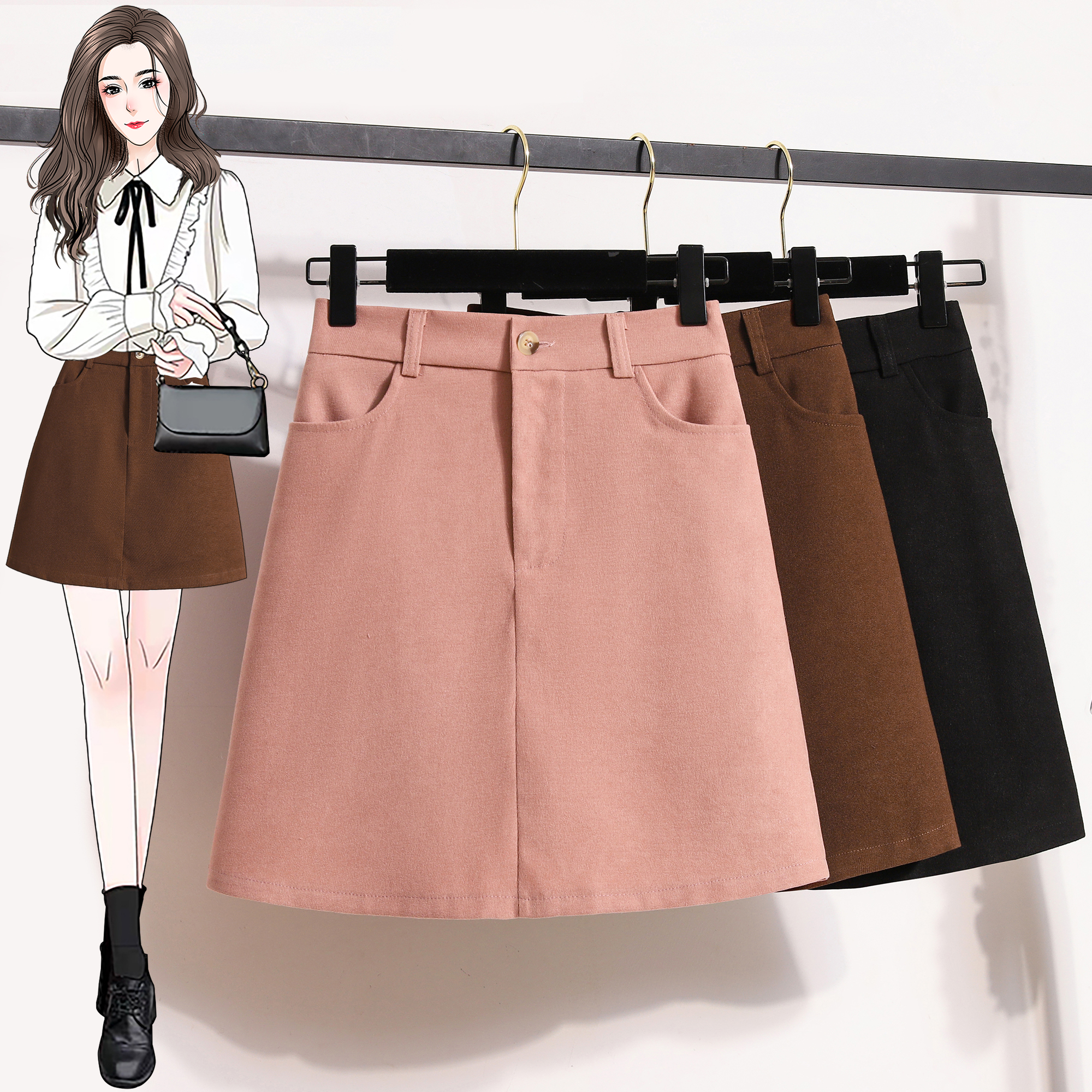 7379~Pink skirt for women, high-waisted slimming A-line skirt for small people, slim-fitting butt-covering short skirt