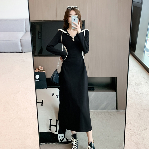 RM22829#连帽长袖连衣裙女秋季公主裙黑色裙子设计感过膝长裙