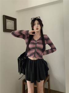 RM22856#法式甜辣风条纹短款开衫T恤女秋季长袖设计感修身显瘦上衣