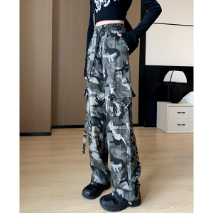 RM22736#复古嘻哈迷彩裤女秋季高街直筒阔腿设计感高腰休闲工装裤子潮