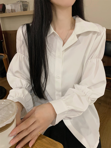 RM22866#大码白色衬衫女秋季法式复古设计感小众别致泡泡长袖上衣