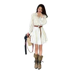 RM22930#秋季法式垂坠感长袖白色连衣裙子女装2023新款度假初秋衬衫短裙夏