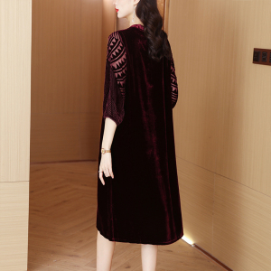 RM24412#真丝绒连衣裙秋2023新款高端重工钉珠复古气质裙高贵洋气阔太太裙