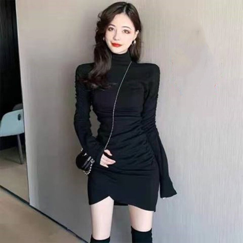  new fashionable half-high collar pleated hip-covering slim slim long-sleeved bottoming skirt for women winter all-match dress