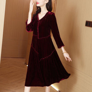RM24416#真丝丝绒连衣裙女2023秋季新款时尚优雅气质贵夫人宽松显瘦大码裙
