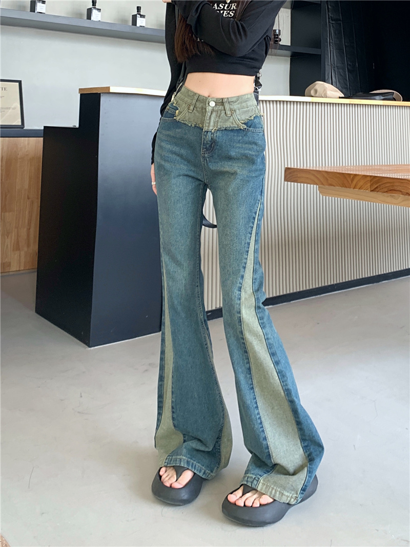 ~New high-waisted slimming retro patchwork color floor-length bootcut jeans for women
