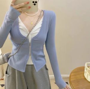 RM23999#胖MM秋季新款修身显瘦拉链假两件女大码设计感上衣