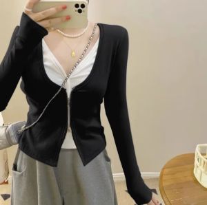 RM23999#胖MM秋季新款修身显瘦拉链假两件女大码设计感上衣