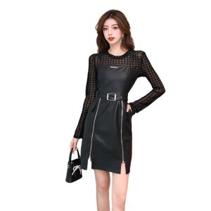 TR51086# 小个子吊带PU皮裙连衣裙女秋季港味洋气减龄炸街两件套装 服装批发女装批发服饰货源