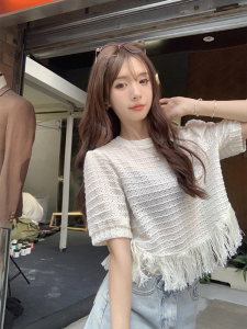 RM22917#流苏短款别致正肩T恤夏季2023新款洋气甜妹少女感小众ins短袖上衣