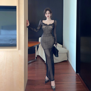 RM24801#新款性感名媛蕾丝轻奢方领法式气质显瘦收腰长袖连衣裙