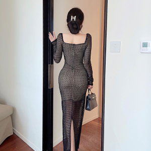RM24801#新款性感名媛蕾丝轻奢方领法式气质显瘦收腰长袖连衣裙
