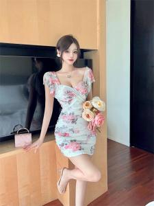 RM24784#新款性感优雅法式印花收腰显瘦包臀连衣裙