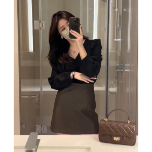 TR52601# 新款韩版气质蕾丝拼接花边衬衫V领上衣皮裙两件套装 服装批发女装批发服饰货源