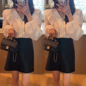 TR52601# 新款韩版气质蕾丝拼接花边衬衫V领上衣皮裙两件套装 服装批发女装批发服饰货源