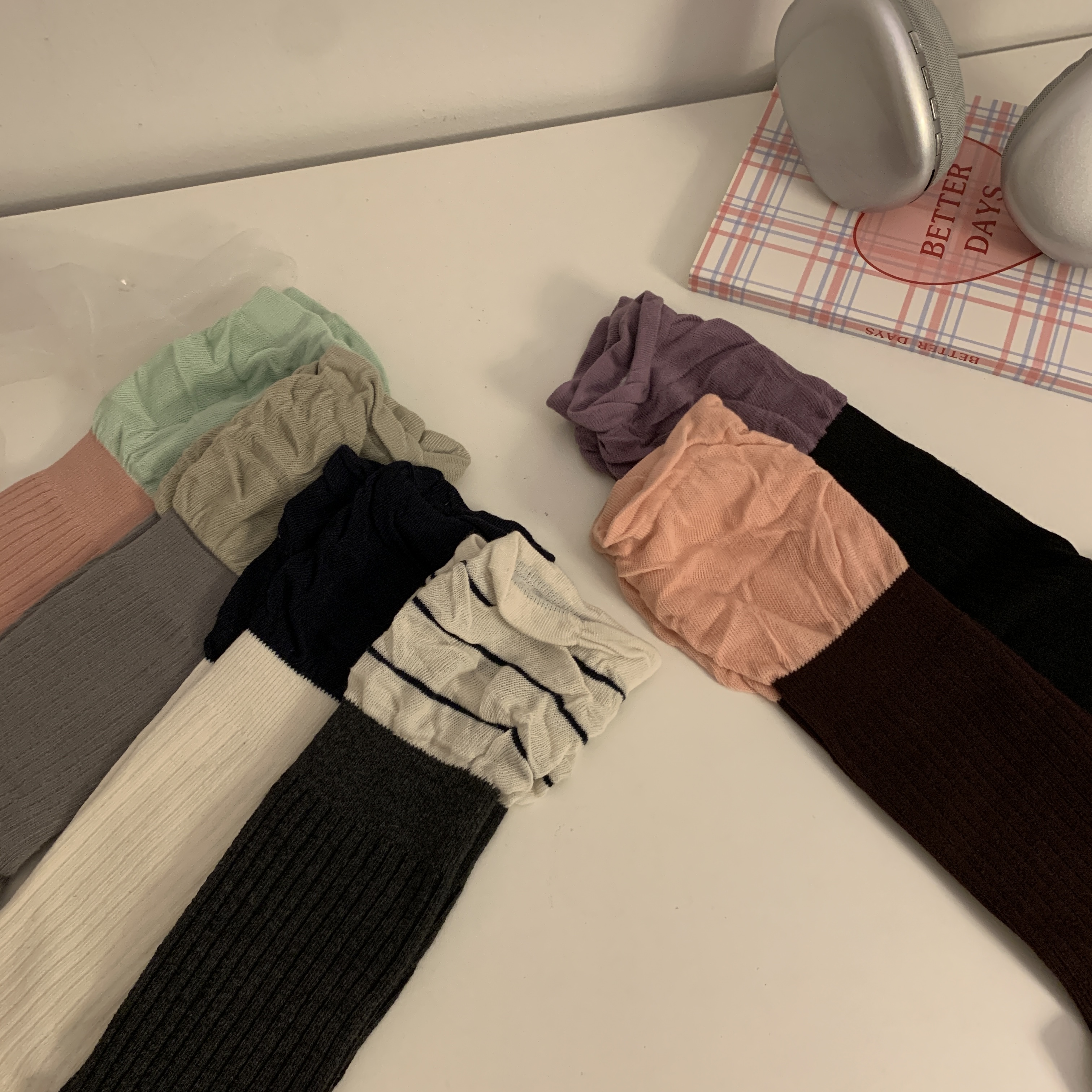 韩版百搭个性撞色一体针织堆堆袜气质长筒袜3双装