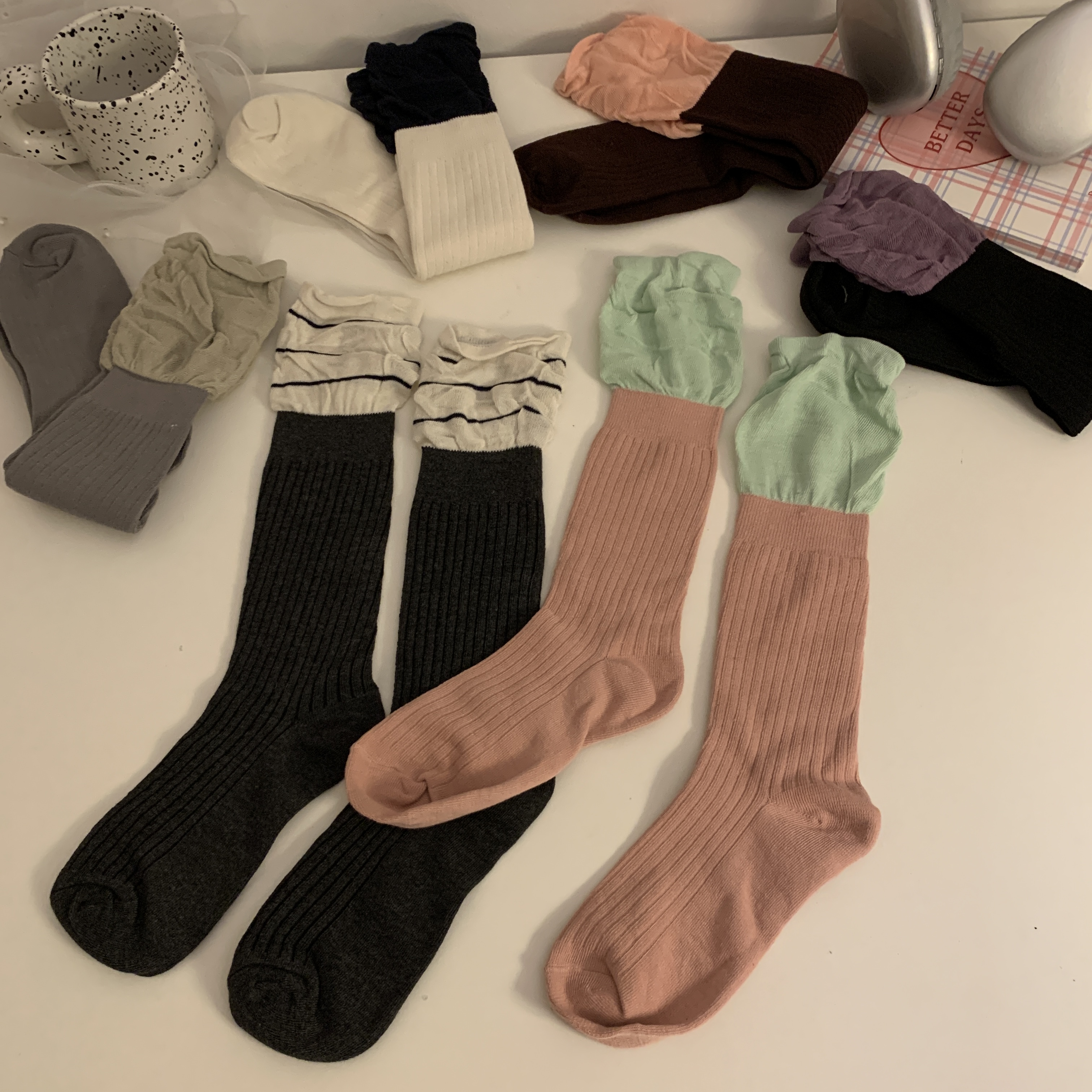 韩版百搭个性撞色一体针织堆堆袜气质长筒袜3双装