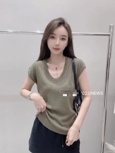 RM22920#欧货V领飞飞袖针织T恤女2023夏季新款百搭镶钻弹力冰丝无袖打底衫
