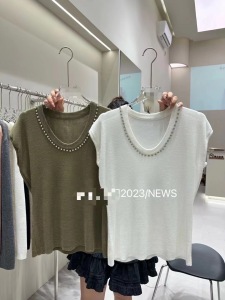 RM22920#欧货V领飞飞袖针织T恤女2023夏季新款百搭镶钻弹力冰丝无袖打底衫