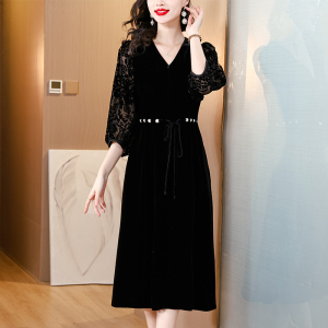 RM23151#高端真丝丝绒连衣裙秋季新款女装2023法式气质长裙黑色显瘦裙子