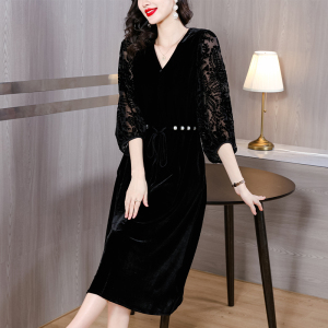 RM23151#高端真丝丝绒连衣裙秋季新款女装2023法式气质长裙黑色显瘦裙子