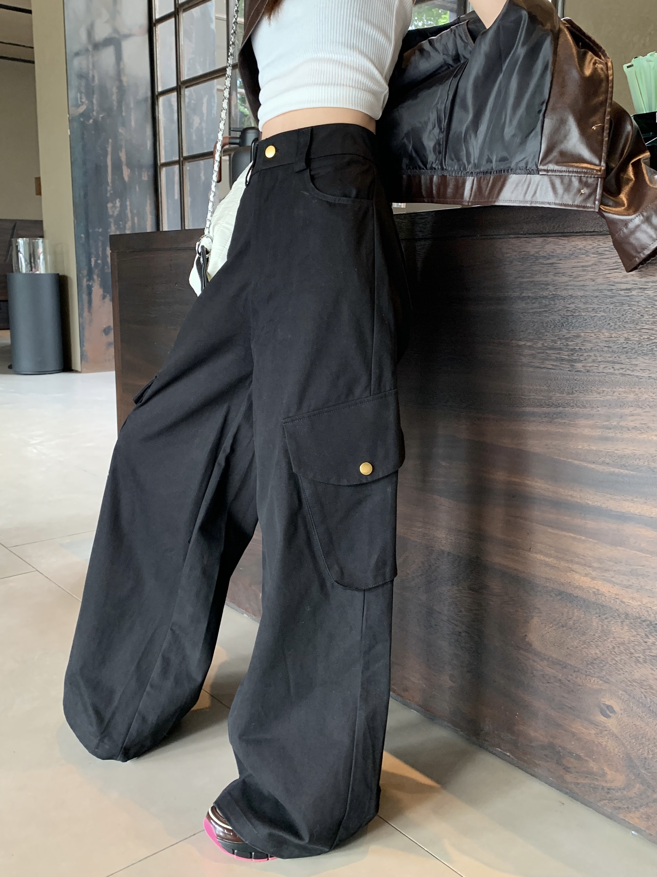 Real shot of black washed overalls for women with large side pockets, straight pants for women, autumn special wide leg pants for women