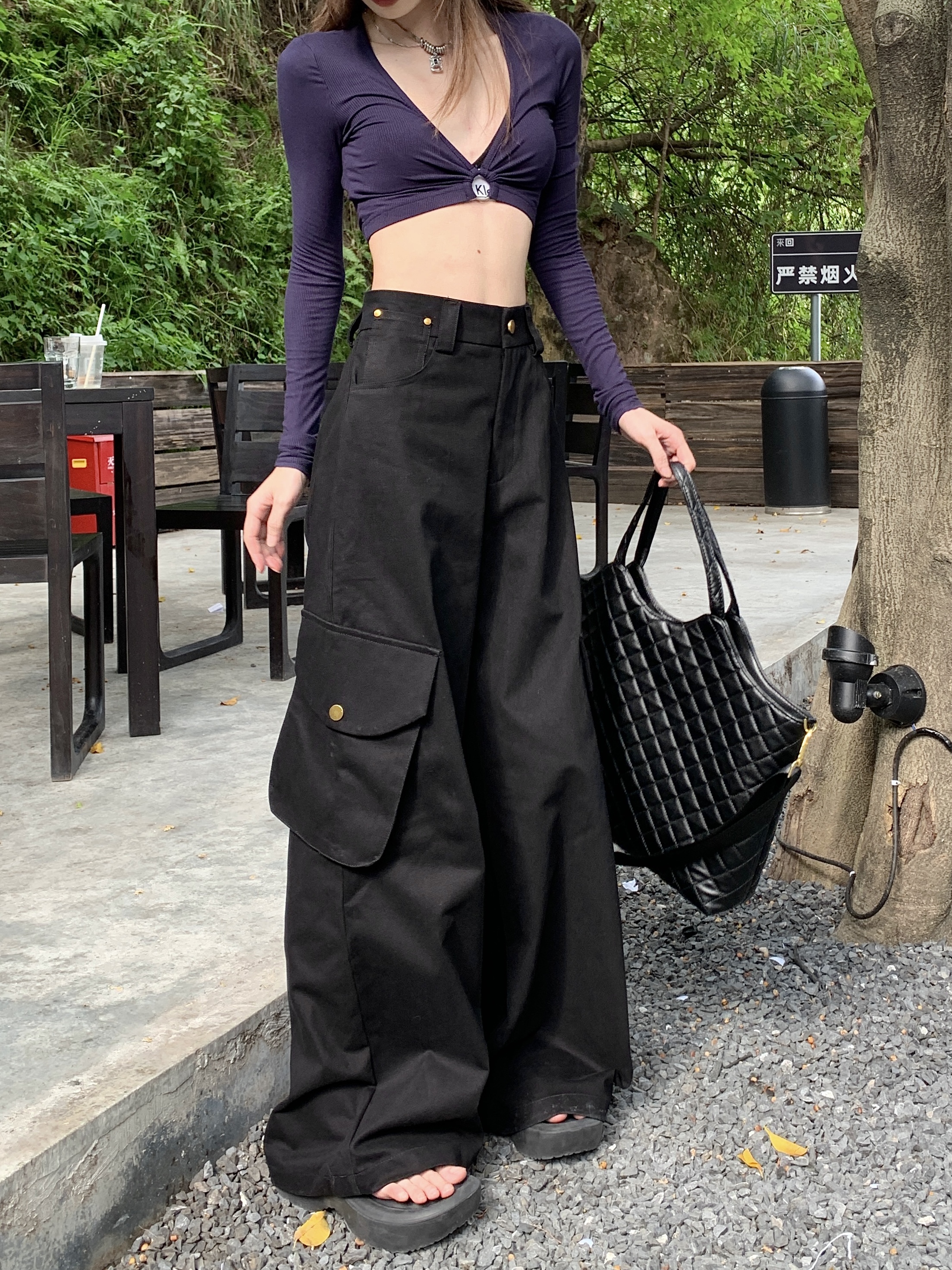 Real shot of black washed overalls for women with large side pockets, straight pants for women, autumn special wide leg pants for women