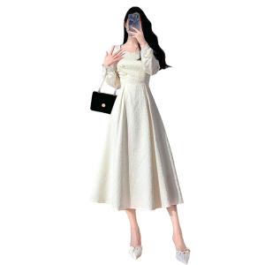 TR54583# 名媛风X型纯色长袖长裙方领 服装批发服饰货源女装批发