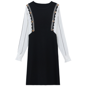 RM24726#黑白拼接波浪设计感长袖收腰连衣裙2023年春季新款假两件a字裙女