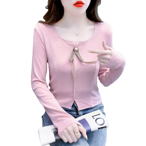 RM24759#新款韩版时尚纯色打底衫女甜美收腰修身百搭圆领上衣