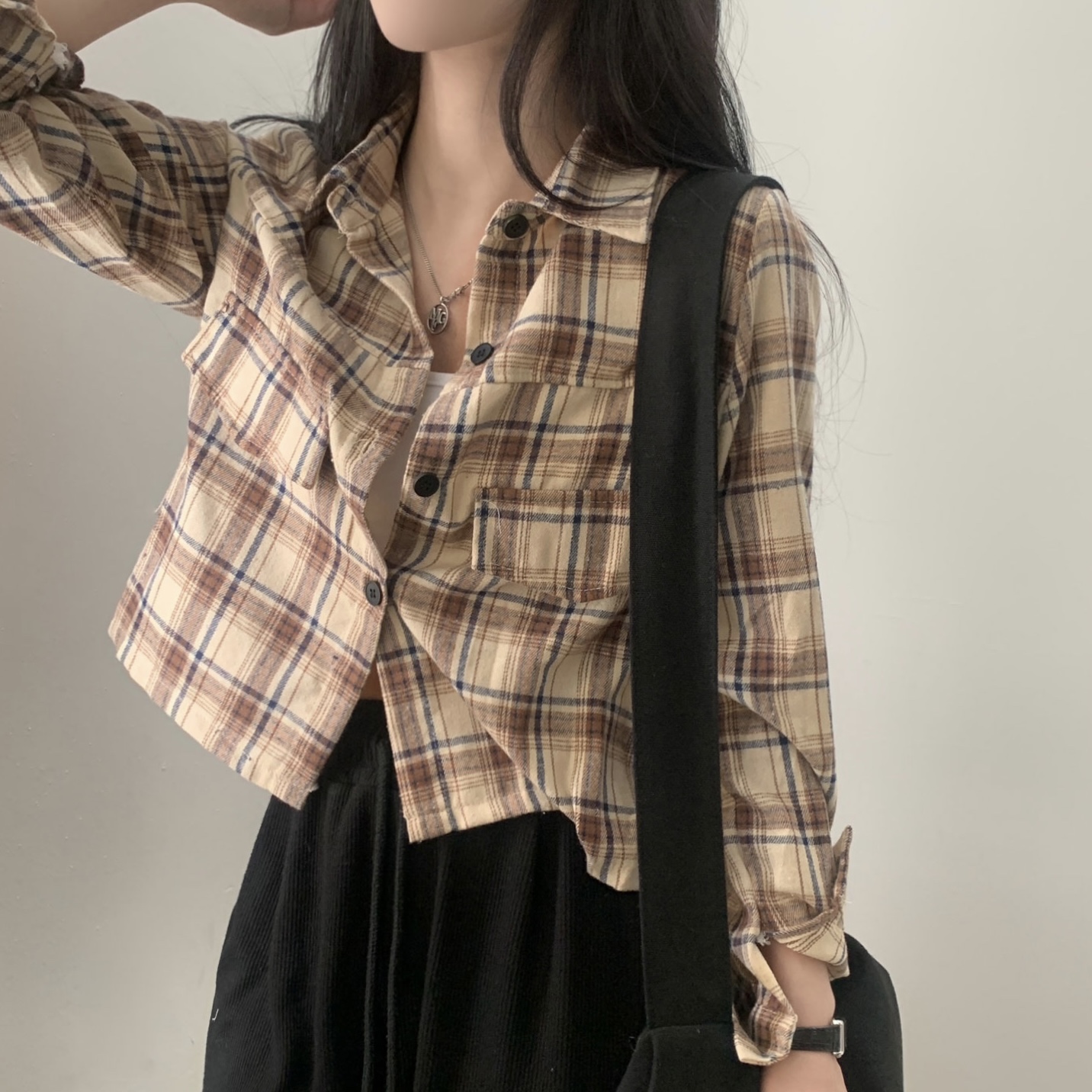 Korean chic autumn short long sleeve plaid shirt