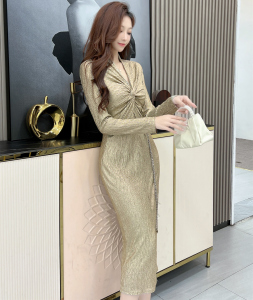 Metallic Shiny Split Long Wrap Hip Dress Elegant Luxury Long Dress