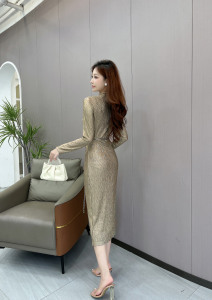 Metallic Shiny Split Long Wrap Hip Dress Elegant Luxury Long Dress