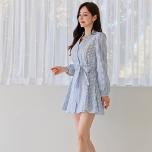 RM23425#新款韩版时尚气质优雅显瘦简约蕾丝花边条纹连衣裙衬衣裙