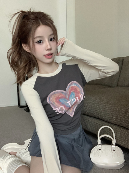 RM23814#韩版圆领撞色爱心字母印花短款抽绳显瘦插肩长袖T恤
