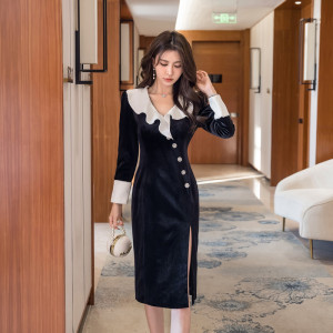 TR55091# 赫本风小黑裙富家千金长袖黑色打底连衣裙 服装批发女装批发服饰货源