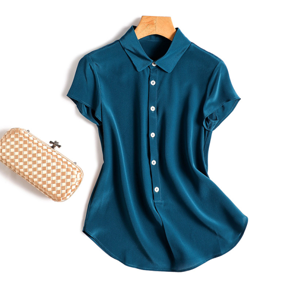 RM23704#仿真丝短袖蓝色衬衫2023新款女夏款气质上衣女高级感法式通...