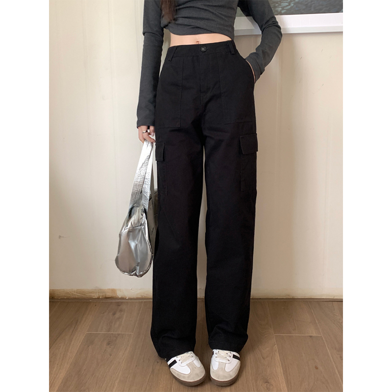 Real shot of overalls for women, American style multi-pocket 2024 new high-waisted wide-leg white loose straight casual pants