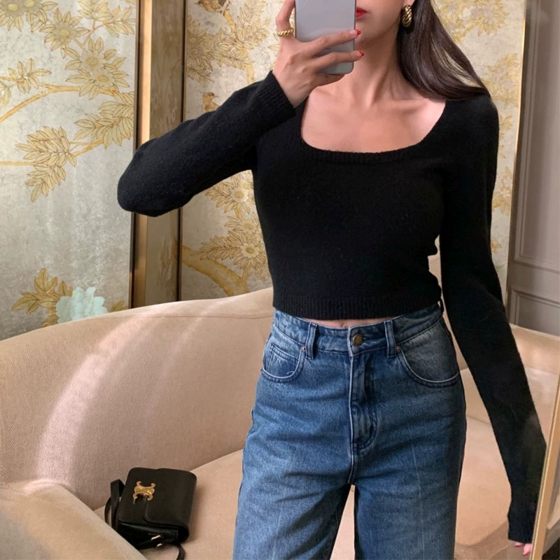 Korean chic early autumn new style niche temperament square collar slim fit navel-baring short sweater long-sleeved sweater for women