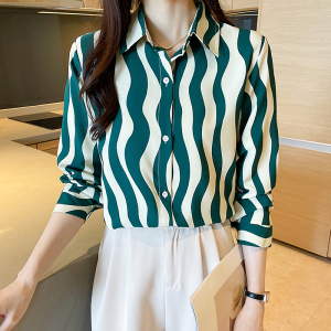 RM23220#韩版法式复古港味条纹印花长袖百搭洋气衬衫