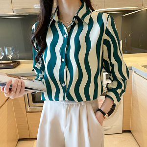 RM23220#韩版法式复古港味条纹印花长袖百搭洋气衬衫