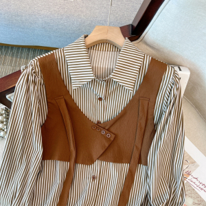 TR59103# 不规则假两件条纹衬衣秋新款衬衫 服装批发女装批发服饰货源