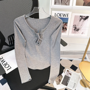 RM23015#大码U领纯欲长袖女春新款设计感小众螺纹打底衫弧形显瘦上衣