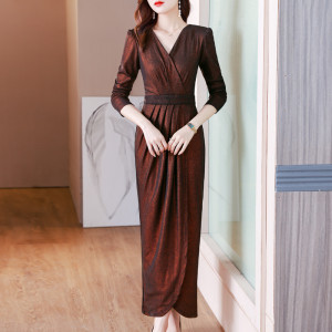 RM23143#春秋纯色烫金针织修身优雅法式休闲复古轻奢超修身连衣裙
