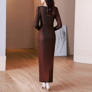 RM23143#春秋纯色烫金针织修身优雅法式休闲复古轻奢超修身连衣裙