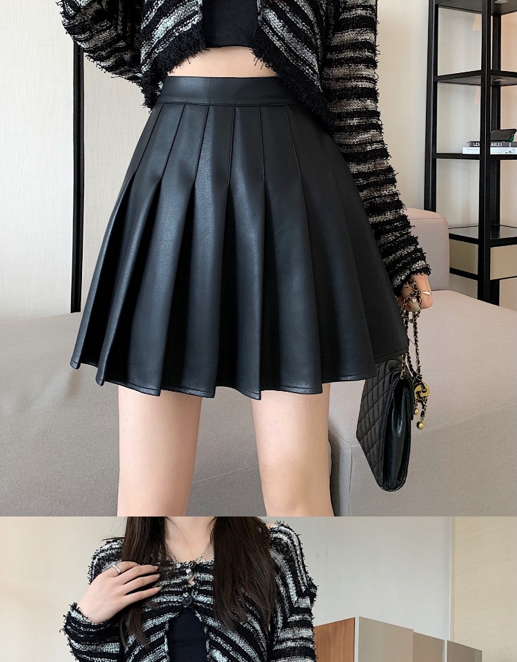 Black pu leather skirt pleated half-length skirt for women summer and autumn 2023 new style small high-waisted slim a-line skirt